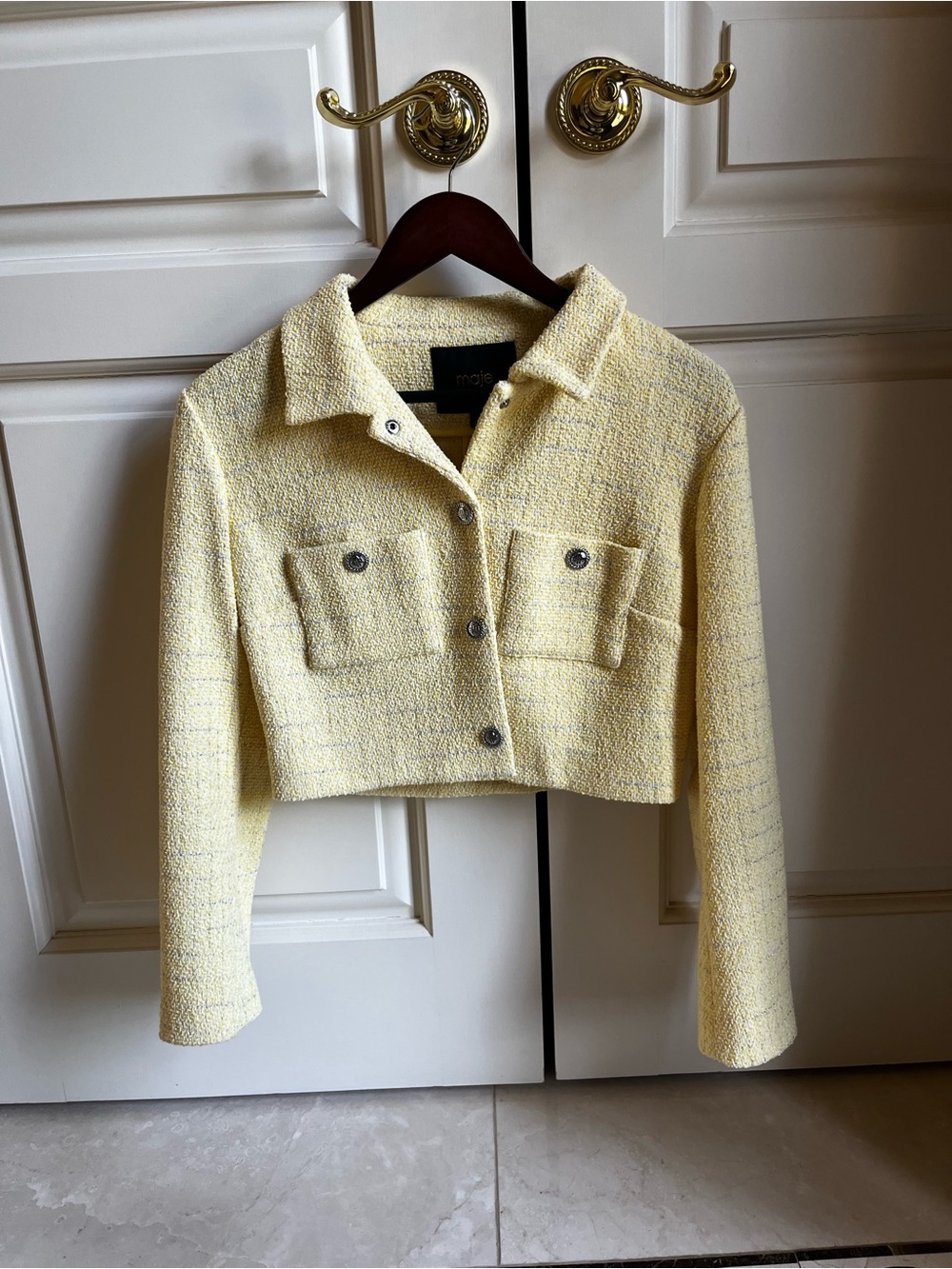 Maje Pale Yellow Cropped Tweed Blazer